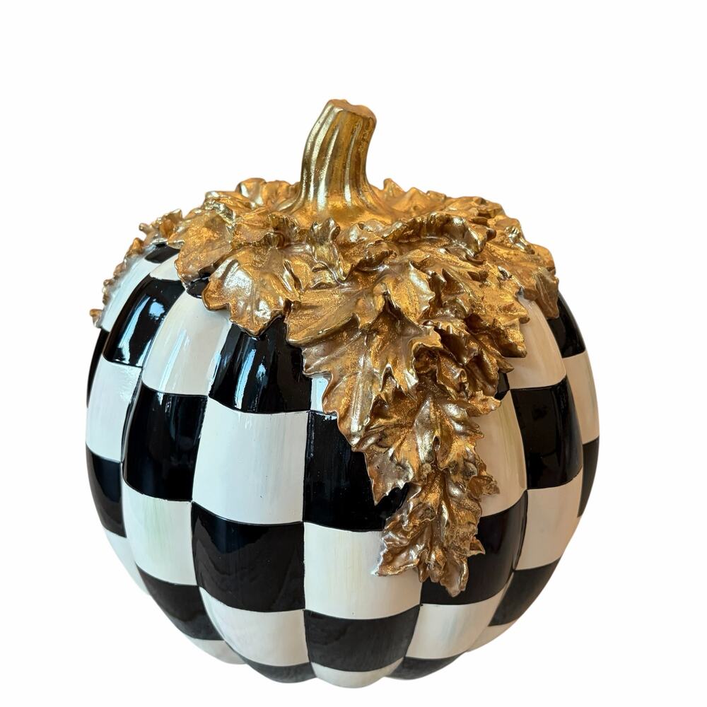 NEW MacKenzie Childs Courtly Check Gold Foliage Pumpkin 11.5" H in Original Box - Picture 9 of 16